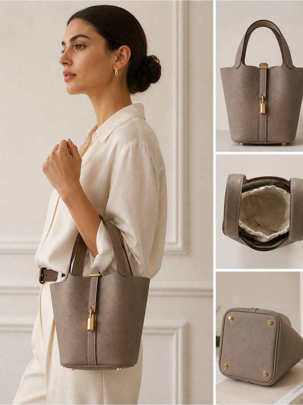 Mini Bucket Bag Pebbled Calfskin Leather Elephant Grey Gold Lock Top Handle 7”
